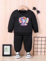 Baby Elephant & Flower Graphic Outfit Long Sleeve Sweatshirt Trousers Set