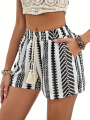 Geometric Print Tassel Drawstring Shorts Women's Clothing