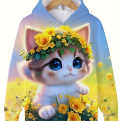 Sunshine Kitty Flower Sweatshirt Hoodie Comfy Hooded Pullover Girls Boys