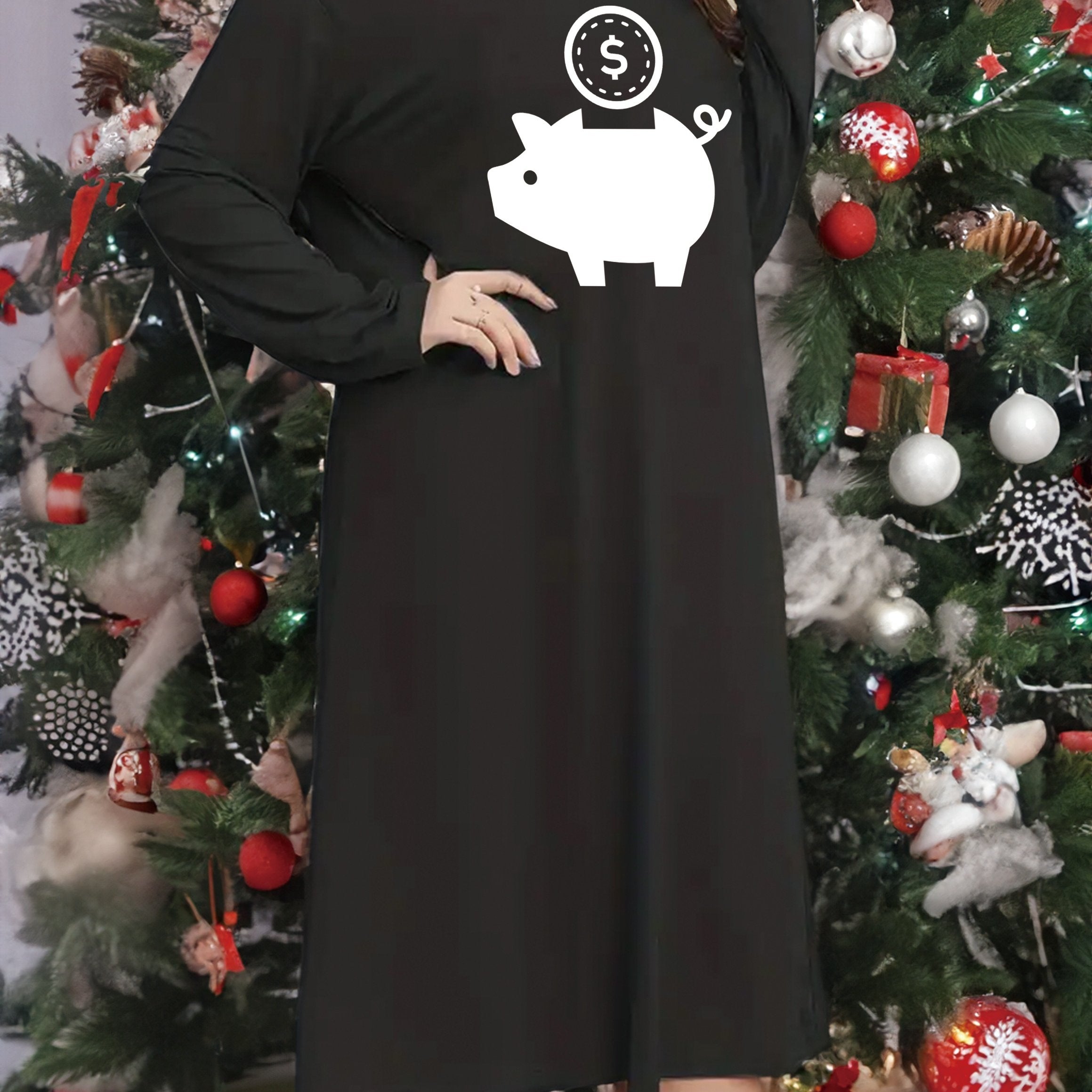 Plus Size Piggy Bank Long Sleeve Nightdress