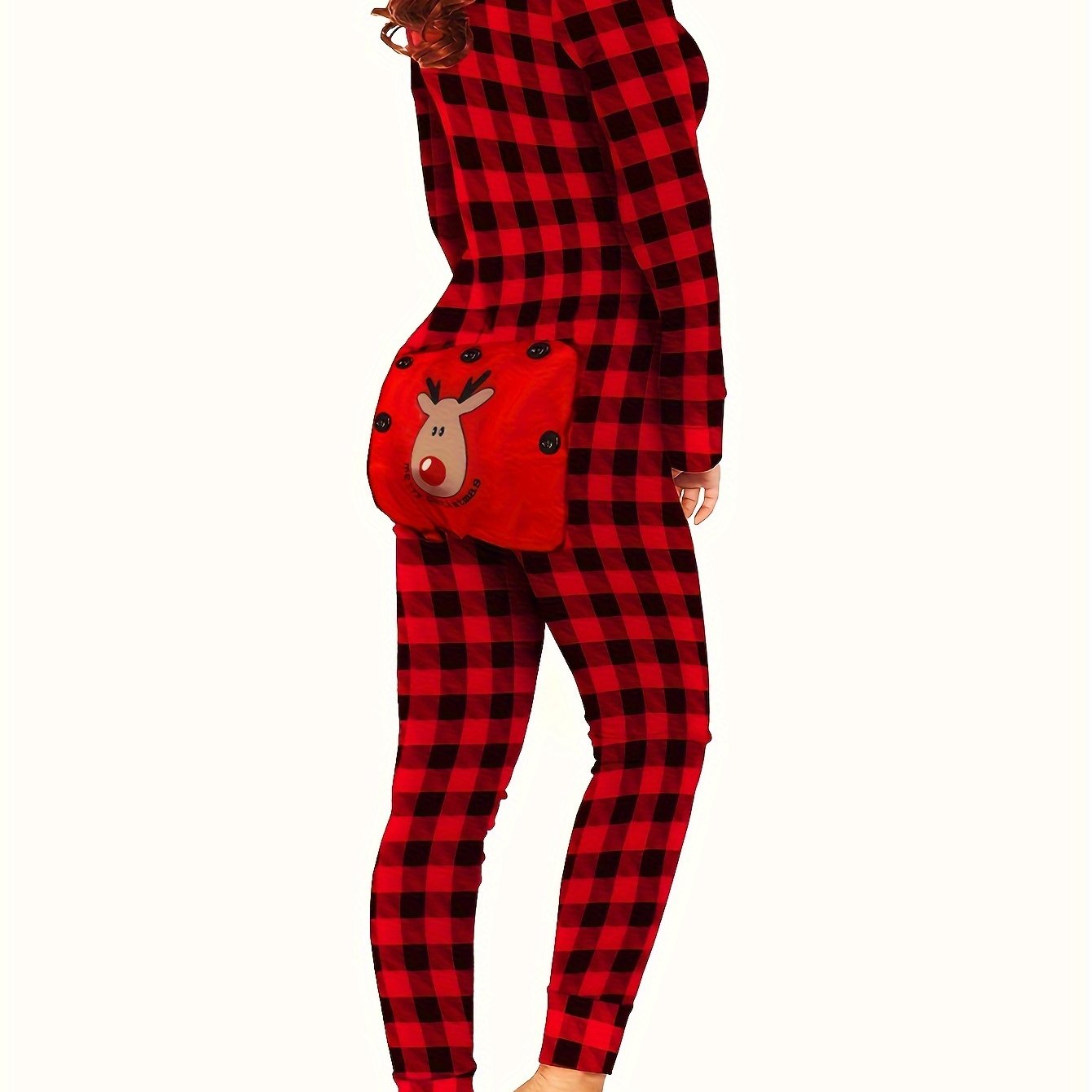 Christmas Elk Print Pajama Jumpsuit Long Sleeve V Neck Buttons Plaid Pajamas