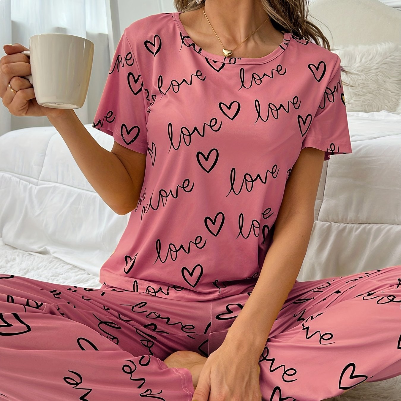 Pink Pajamas Set with Love & Hearts Print Short Sleeve Top & Elastic Waist Pants
