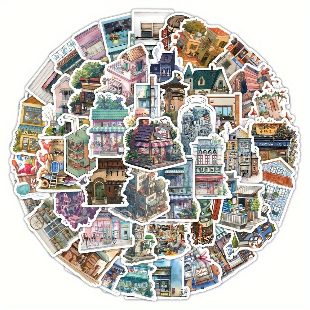 60pcs Retro Castle House Stickers Famous Architecture Landscape Decoration