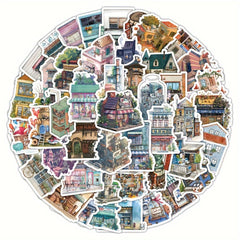 60pcs Retro Castle House Stickers Famous Architecture Landscape Decoration