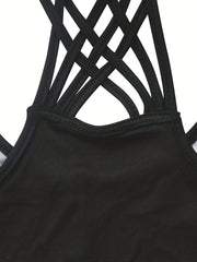 Skull Print Cross Back Tank Top Crew Neck Sleeveless Top Women's Clothing