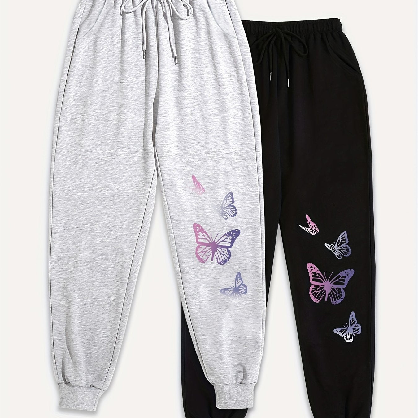 2 Pack Plus Size Butterfly Print Sports Pants Women's Fitness Joggers Set