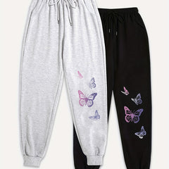 2 Pack Plus Size Butterfly Print Sports Pants Women's Fitness Joggers Set