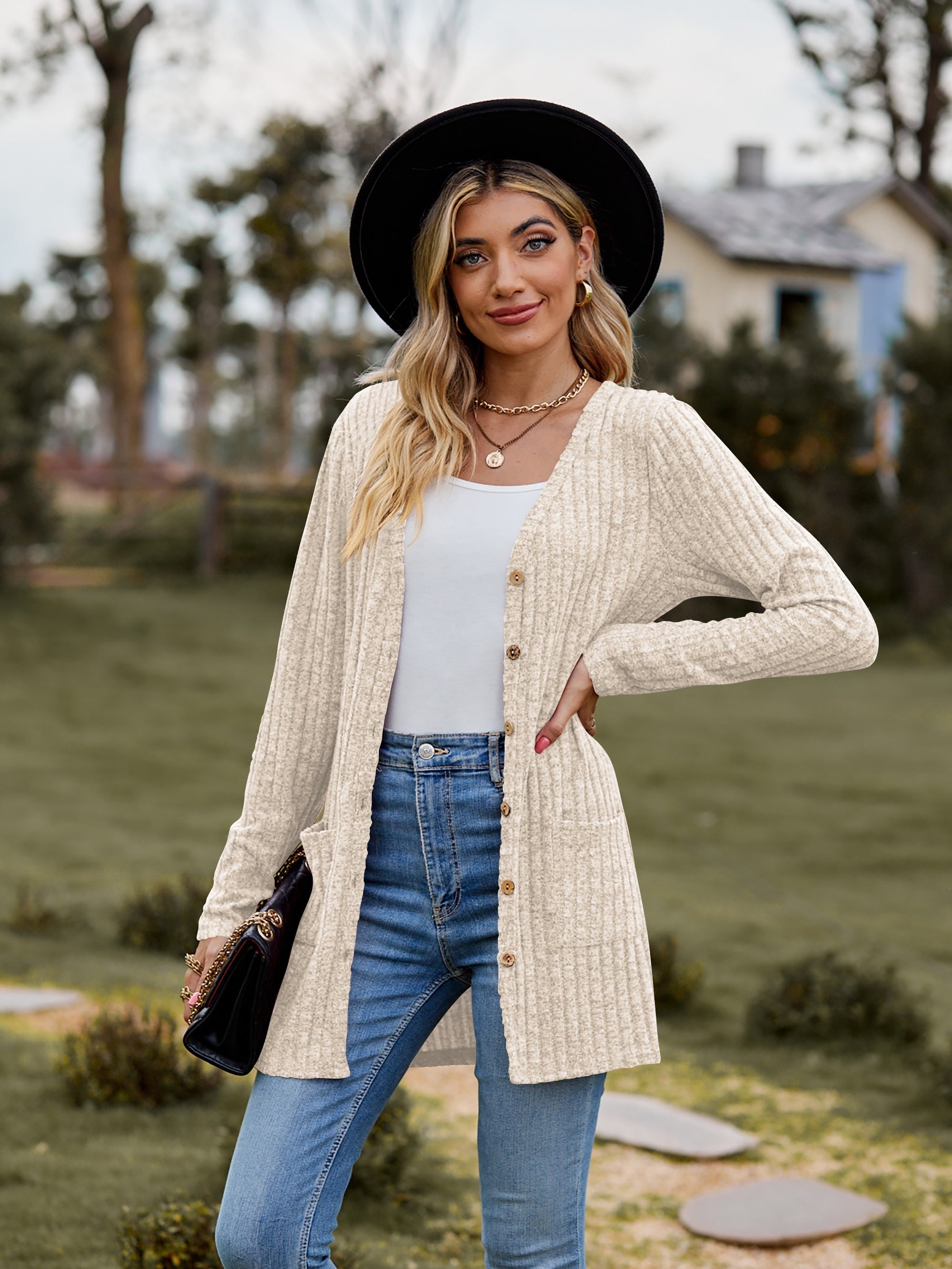 Solid Button Up Pocket Cardigan Long Sleeve Sweater for Women