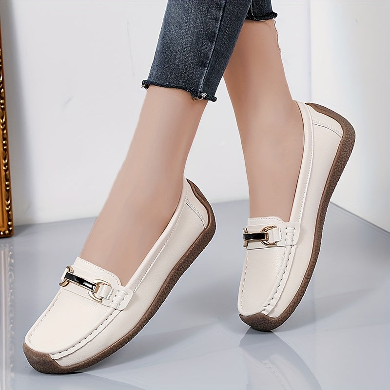 Women's Buckle Decor Flat Loafers Faux Leather Soft Sole Shoes