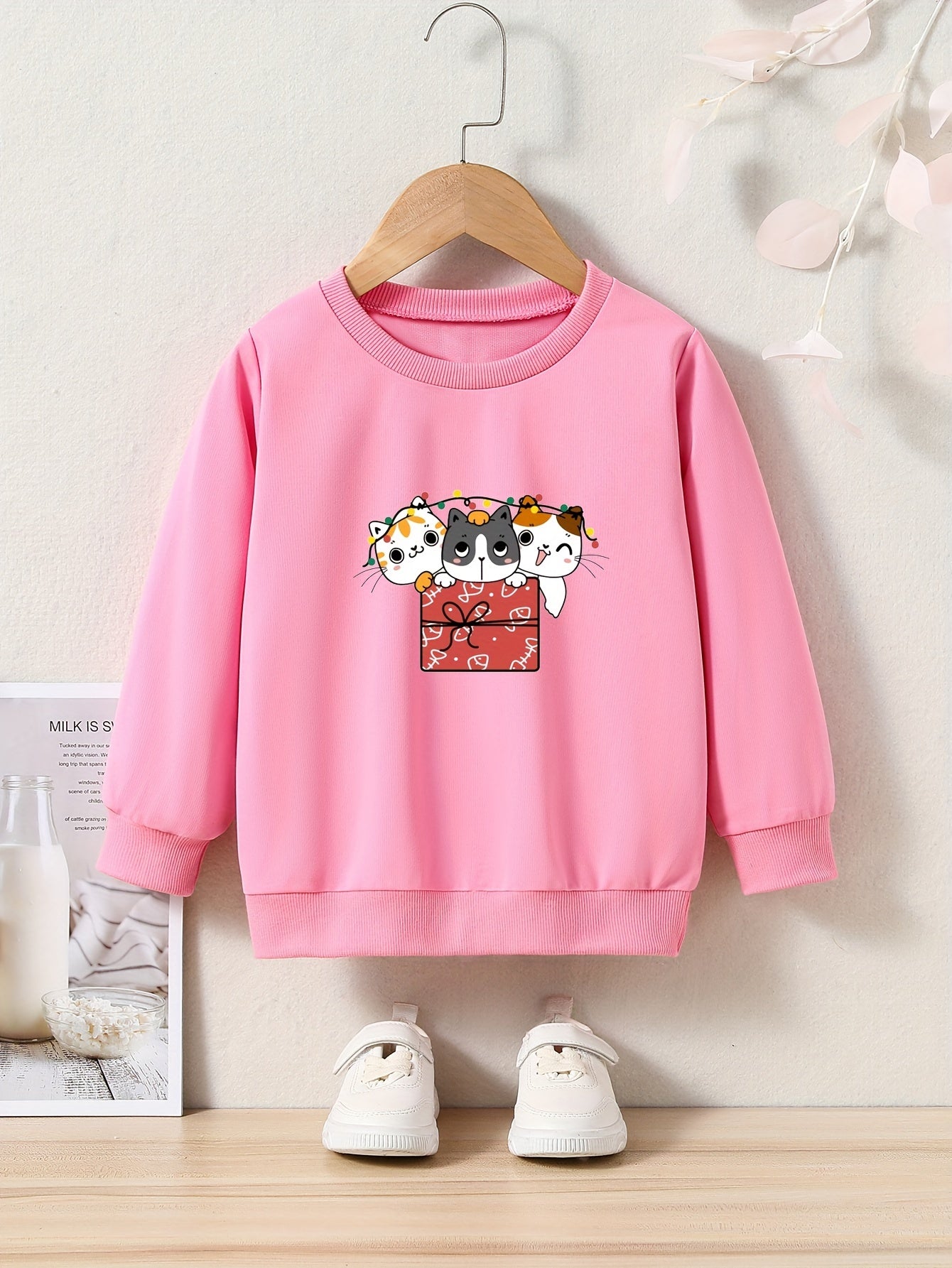Christmas Cats Print Girls Casual Sweatshirt Long Sleeve Crew Neck Tops