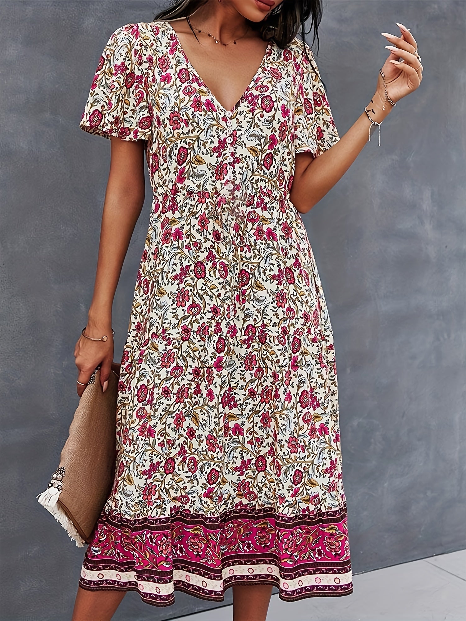 Boho Floral Print V Neck Dress Casual Short Sleeve Dress