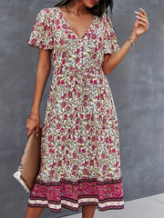 Boho Floral Print V Neck Dress Casual Short Sleeve Dress