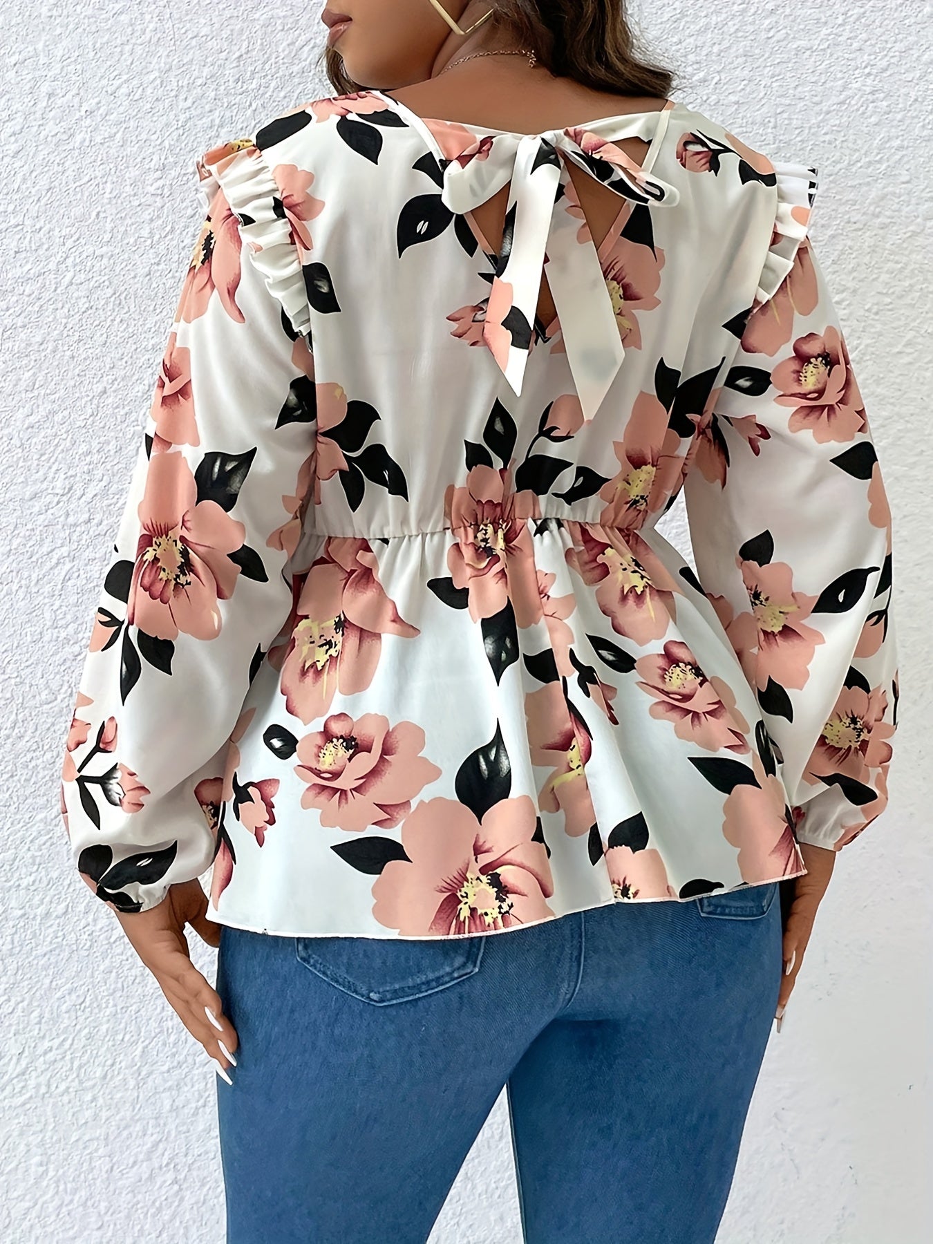 Floral Print Lantern Sleeve V Neck Ruffle Trim Bow Blouse
