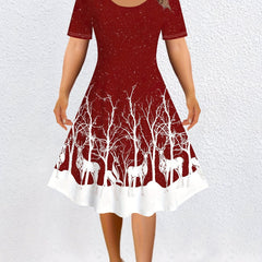 Christmas Deer Print Short Sleeve Dress Women's Plus