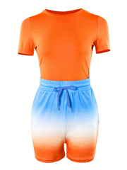 Casual 2pc Shorts Set Short Sleeve Tee & Drawstring Shorts Outfit Women