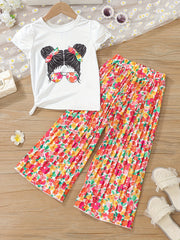 Girl Portrait Pattern T shirt & Polka Dot Pants Set For Holiday