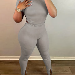 Solid Sexy 2pc Set Backless Drawstring Tops & Split Slim Pants Outfits
