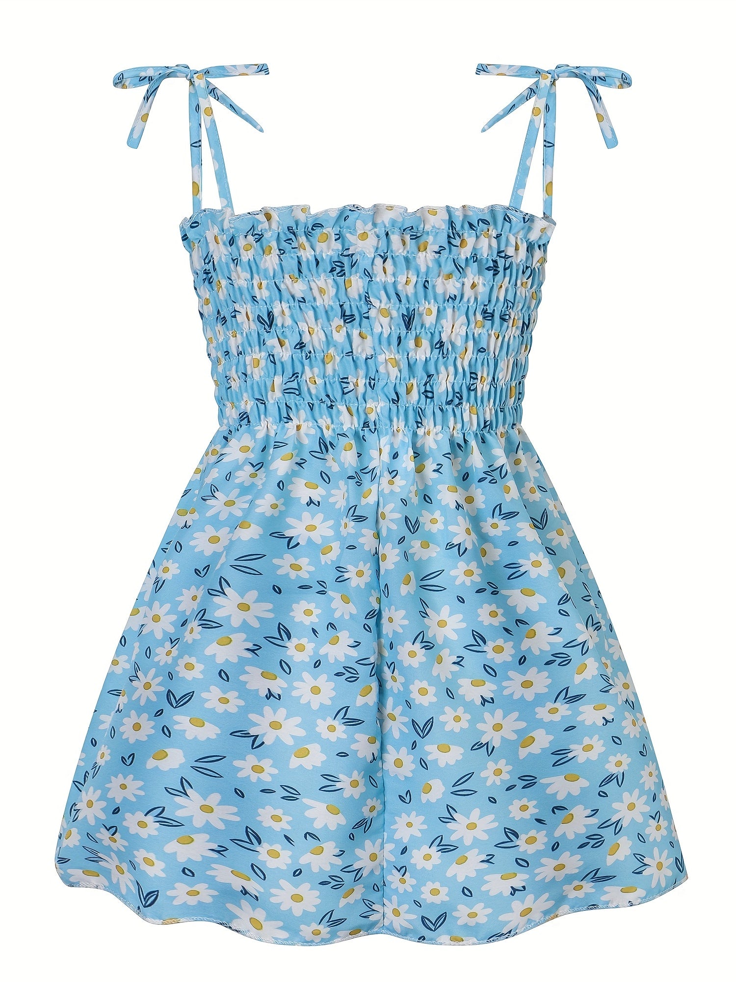 Girls Lace Up Daisy Flowers Print Shirred Cami Dress