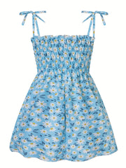 Girls Lace Up Daisy Flowers Print Shirred Cami Dress