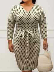Plus Dot Print Drop Shoulder Long Sleeve V Neck Bodycon Dress With Belt