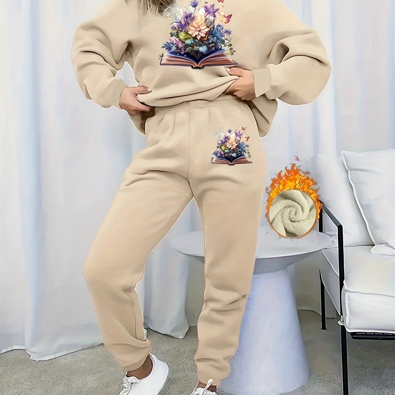 Women's Plus Floral Print Crew Neck Fleece Top & Joggers Set