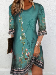 Floral Print Flared Sleeve Mini Dress Vintage Crew Neck Women's Clothing