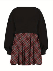 Colorblock Plaid Print Long Sleeve Dress