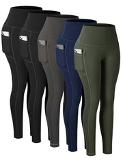5 Pack Plus Size Sports Leggings Set Women's Plus Stitching Wide Waistband
