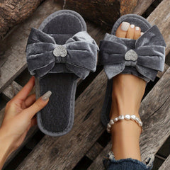 Women's Bowknot Slippers Open Toe Slip On Shoes Rhinestone Heart Decor