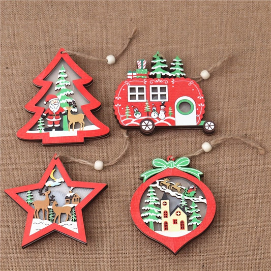 4pcs Wooden Star Car Pendant Christmas Tree Decorations