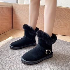 Women's Buckle Decor Snow Boots Round Toe Flat Comfortable Short Boots