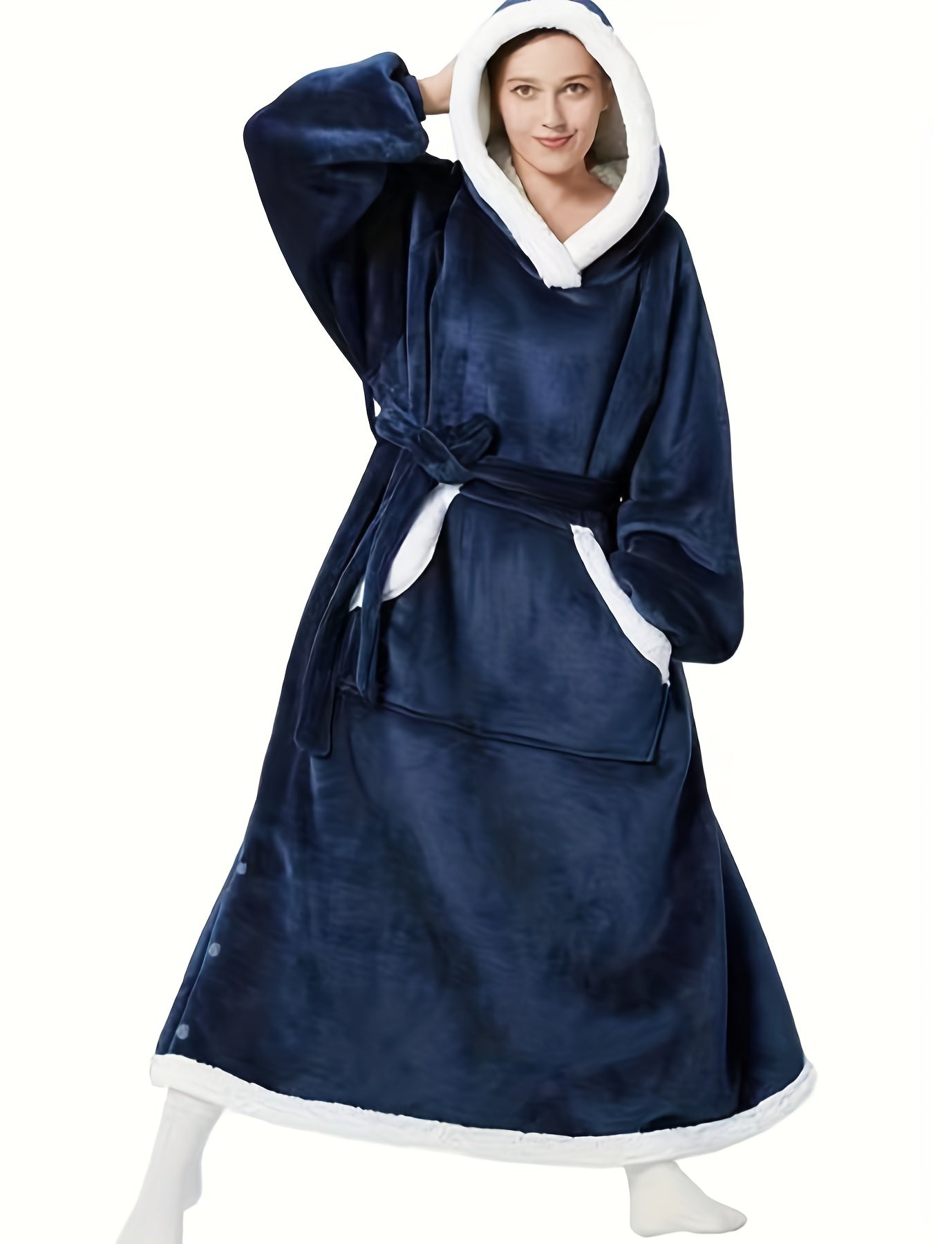 Hooded Fleece Lounge Robe With Pockets & Split