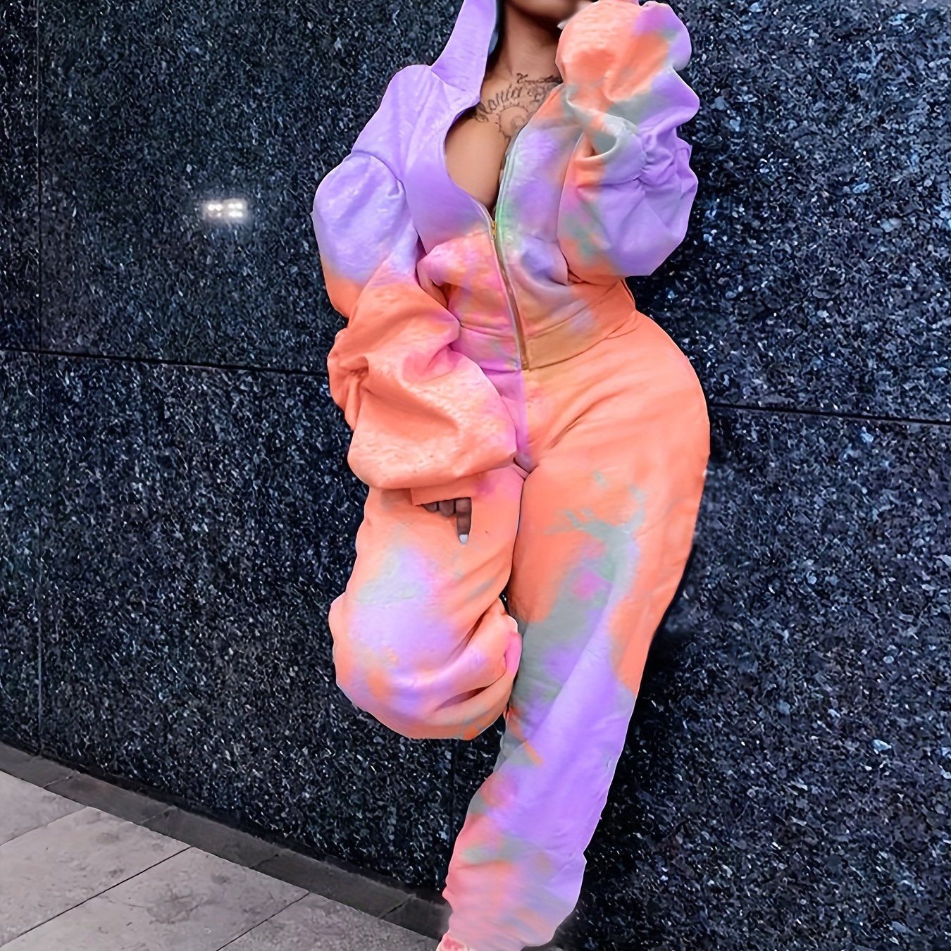 Tie Dye Zip Hoodie & Sweatpants Set Women Plus 2pcs Set