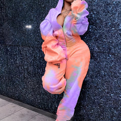 Tie Dye Zip Hoodie & Sweatpants Set Women Plus 2pcs Set