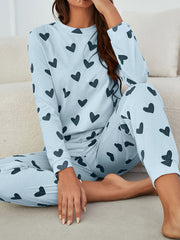 Heart Print Pajama Set Long Sleeve Top & Pants Women's Sleepwear