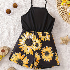 Toddler Girls Sunflower Backless Halter Rompers Jumpsuits For Beach Vacation