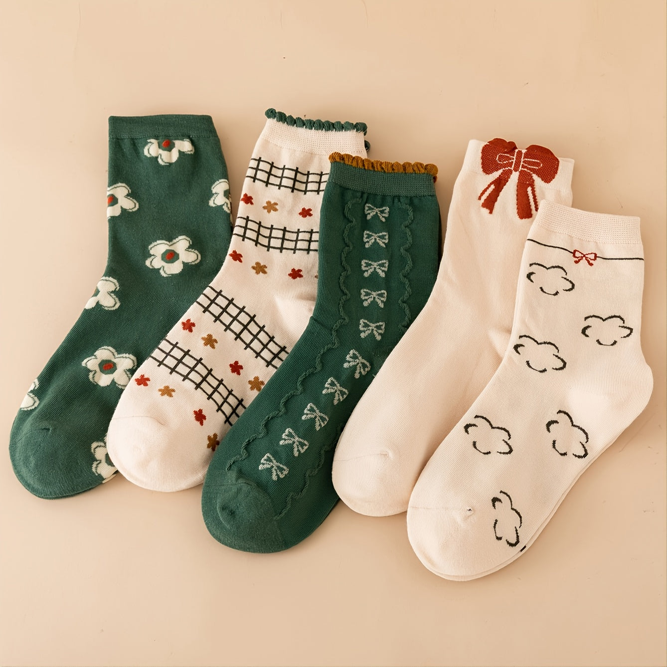 5 Pairs Women's Retro Bowknot Mid Tube Socks