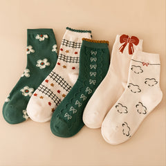 5 Pairs Women's Retro Bowknot Mid Tube Socks