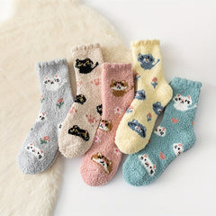 5 Pairs Cute Cat Print Fuzzy Socks for Women