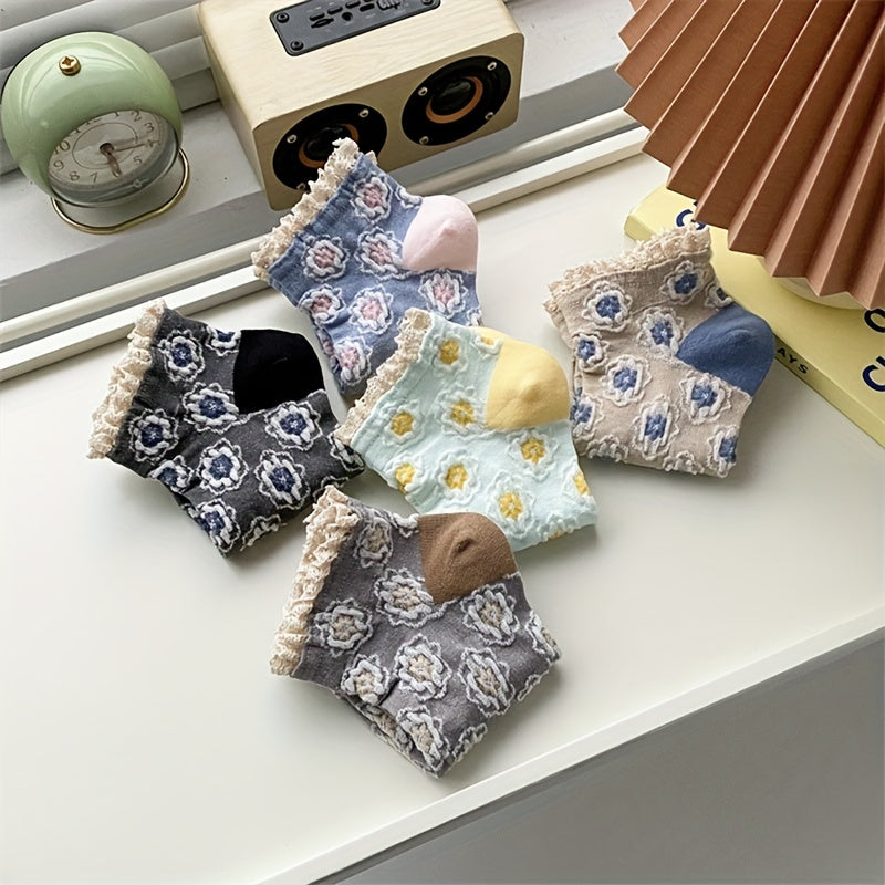 5 Pairs 3D Floral Textured Socks Retro Court Style Ruffle Short Socks