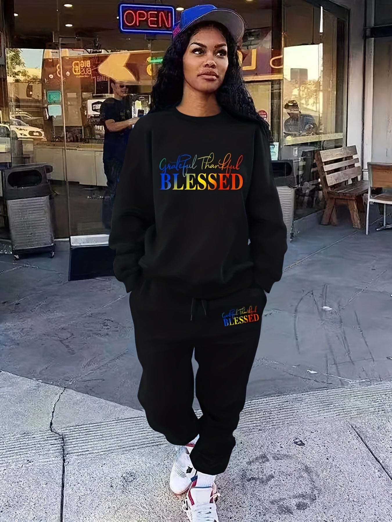 Blessed Letter Print Casual 2pc Set Long Sleeve Tops & Jogger Pants