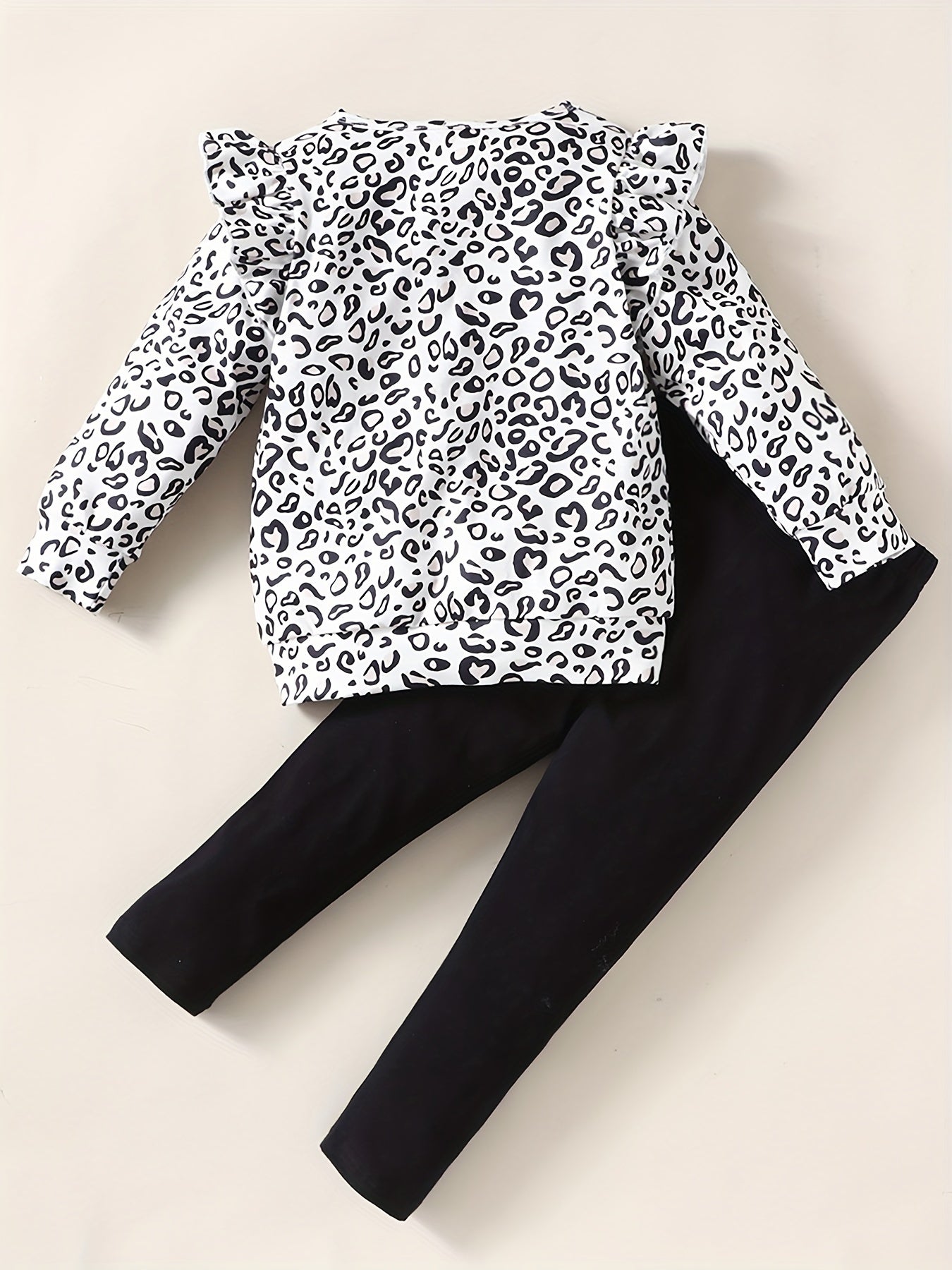 Girl's Leopard Top & Leggings Set Heart Patched Outfit Spring Fall