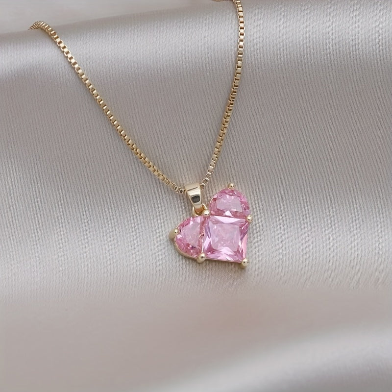 Pink Faux Crystal Heart Charm Necklace for Women Girls