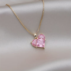 Pink Faux Crystal Heart Charm Necklace for Women Girls
