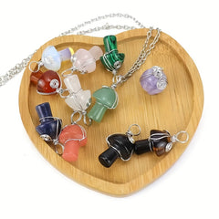DIY Gemstone Quartz Mushroom Pendant Necklace with Stainless Steel Chain