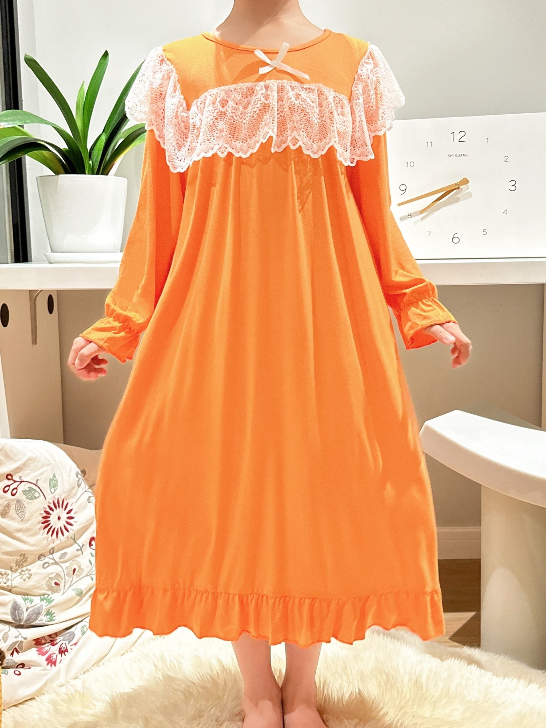 Girls Long Sleeve Princess Nightdress Lace Bow Solid Pajamas
