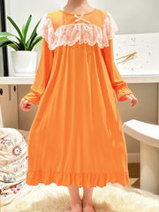 Girls Long Sleeve Princess Nightdress Lace Bow Solid Pajamas
