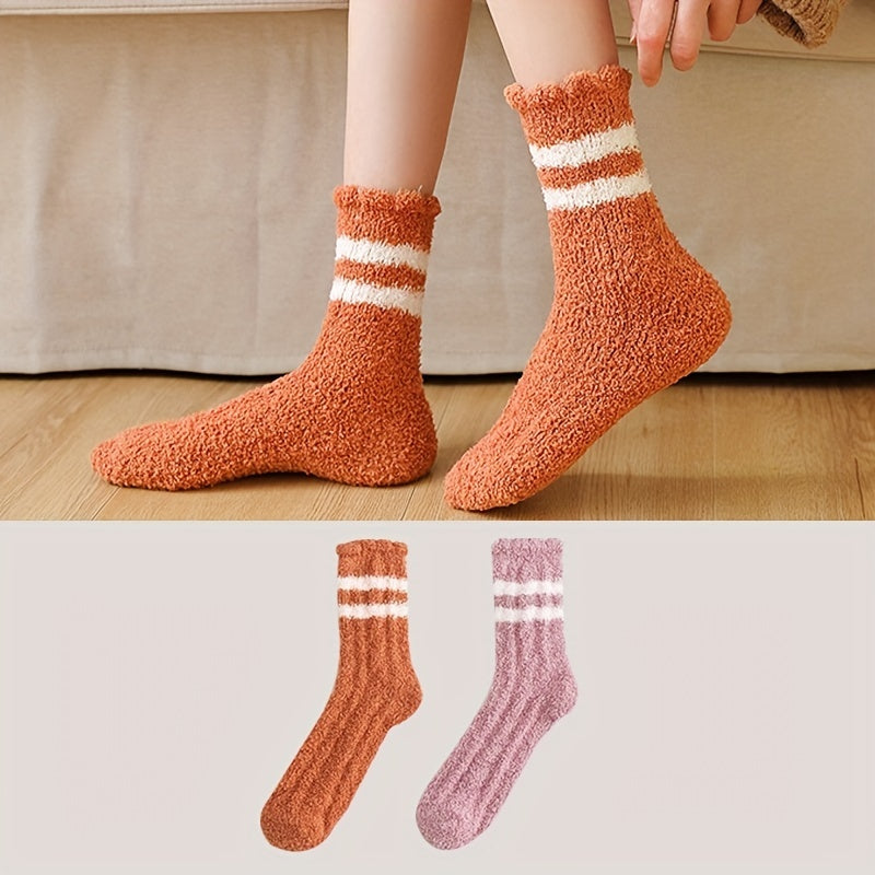 2 Pairs Striped Fuzzy Socks Comfy & Warm Mid Tube Women's Stockings