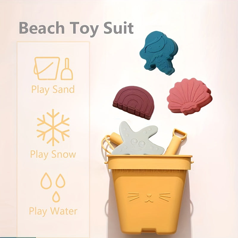 Silicone Beach Toy Set with Hand Bucket, Shovel, Molds