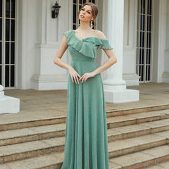 One Shoulder Ruffle Trim Bridesmaid Dress Maxi for Wedding Party